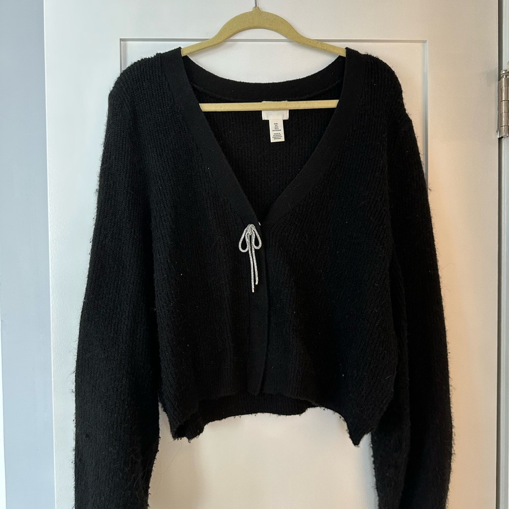 H&M Black V-Neck Sweater with Tie Detail